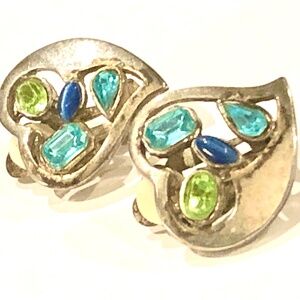 3/$40 VTG 80s Curved Silver Tone Hearts w/Aqua & Green Stones Clip On Earrings